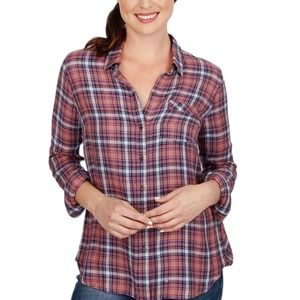 Lucky Brand Womens Flannel Bungalow Plaid Top Soft Pink Mauve Button Back Sz L